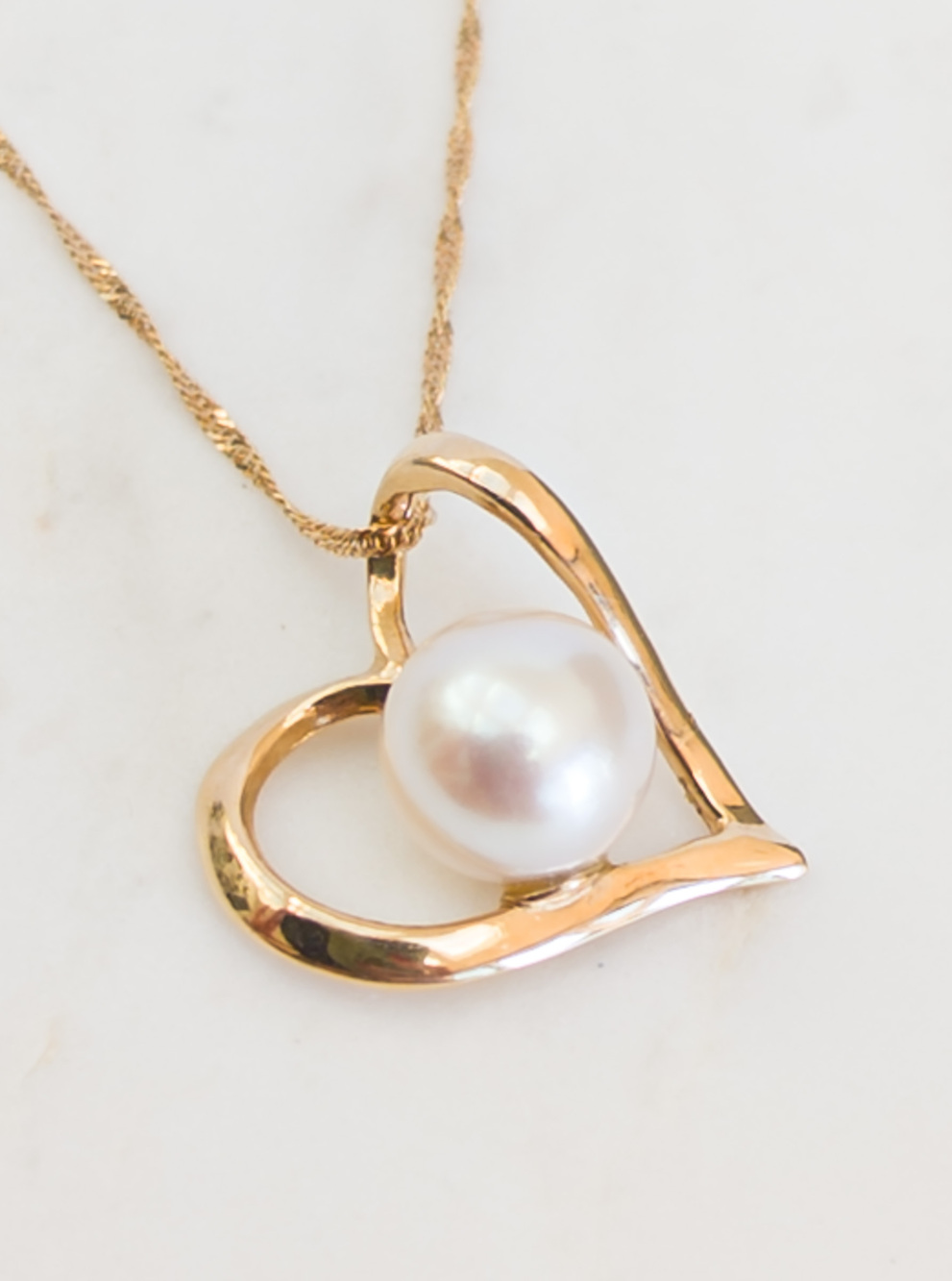 PF 14K Gold Pearl Heart Pendant on Italian 14K Wheat Chain, 20"
